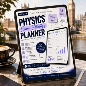 May include: A digital Physics Exam Strategy Planner displayed on a tablet screen. The interface features text including A-Level IB, Physics Exam Strategy Planner, and a week overview chart. It includes icons for revision plans, topic trackers, and a stylus.