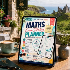 Puede incluir: Una tableta digital que muestra un planificador de estrategia de exámenes de matemáticas para estudiantes de A-Level e IB. La pantalla presenta un diseño con temática de playa con texto, iconos y un gráfico de resumen semanal, creado por un doctor en física.