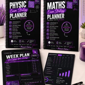 May include: Two spiral-bound planners titled Physics Exam Strategy Planner and Maths Exam Strategy Planner, a tablet displaying a Week Plan page, and a Week Overview sheet. All items feature a black background with purple text and graphics.
