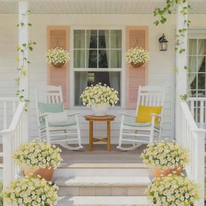 May include: A charming porch scene with white rocking chairs, pastel pink shutters, and hanging baskets overflowing with white flowers. A small wooden table sits between the chairs, and potted flowers line the steps, creating a welcoming outdoor space.