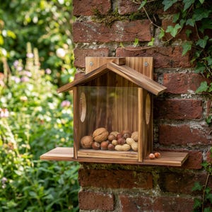 Könnte beinhalten: Ein an der Wand montiertes Eichhörnchen-Futterhaus aus Holz mit Giebeldach, einer transparenten Acrylfront und einer Futterplattform. Im Inneren befindet sich eine Mischung aus Walnüssen, Haselnüssen und Erdnüssen, die durch die Front sichtbar ist.
