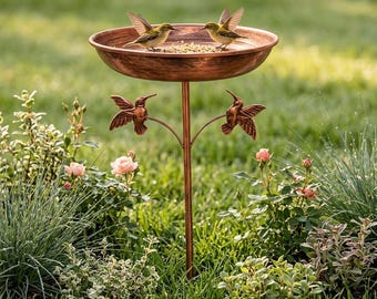 Copper Bird Bath with Hummingbird Stakes, Large Metal Bird Feeder, Garden Bird Bath Stand, Outdoor Wildlife Garden Decor