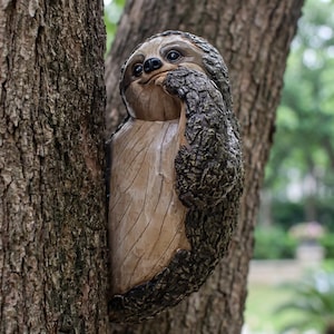 Può includere: Una scultura di bradipo fissata a un tronco d'albero. Il bradipo presenta un petto e un volto color marrone chiaro dalla consistenza liscia, con una pelliccia marrone scuro dalla consistenza ruvida simile alla corteccia su schiena e arti.