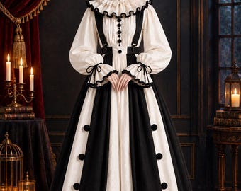 May include: A long-sleeved dress featuring a cream-colored bodice with a ruffled collar, black trim, and a vertical row of buttons. The skirt consists of alternating black and cream panels with black pom-pom accents and a matching cone hat.