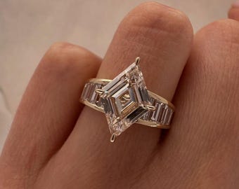 Lozenge Cut Moissanite Engagement Ring, Yellow Gold Ring with Baguette Side Stones, Unique Geometric Bridal Jewelry, Proposal Wedding Gift
