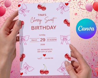 Cherry Birthday Invitation Template, Cherry Theme Party Invite, Editable Canva Birthday Invitation, Pink Cherry Party, Digital Download