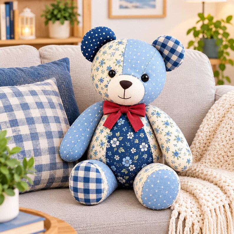 May include: A stuffed teddy bear constructed from various blue and white fabric patches. The bear features floral, polka dot, and gingham patterns, black button eyes, a stitched nose and mouth, and a solid dark red fabric bow at the neck.