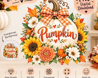 Fall Pumpkin PNG | Floral Pumpkin with Gingham Bow | Autumn Sunflower Design | Thanksgiving Sublimation | Digital Download
