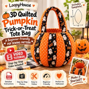 May include: A 3D quilted pumpkin trick-or-treat tote bag sewing pattern featuring orange polka dot and black ghost-patterned fabric. The image includes text: LoopyHouse 3D Quilted Pumpkin Trick-or-Treat Tote Bag, A Beginner-Friendly PDF Sewing Pattern, Video Tutorial, and a template diagram showing 11.5 inches by 6 inches.