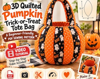 Pumpkin Trick or Treat Bag Sewing Pattern, 3 Sizes, Beginner Halloween Candy Bag PDF, Jack O Lantern Tote, Instant Download