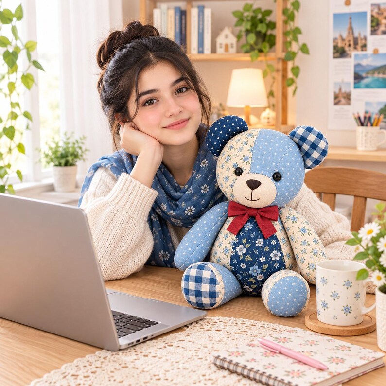 May include: A plush teddy bear constructed from various blue and cream fabric patches featuring floral, polka dot, and gingham patterns. The bear has dark button eyes, a stitched nose and mouth, and a solid dark red ribbon bow tied around its neck.