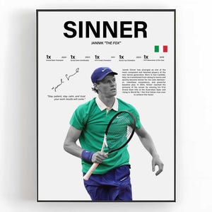 May include: A vertical poster featuring a photograph of tennis player Jannik Sinner wearing a green polo shirt, blue shorts, and a blue cap while holding a tennis racket. The text includes SINNER, JANNIK THE FOX, career statistics, a biography, and a quote.