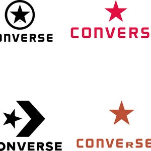 May include: Four distinct Converse brand logos arranged in a grid. The top left features a black star in a circle above the word CONVERSE. The top right shows a pink star above the word CONVERSE. The bottom left displays a black star and chevron icon with the word CONVERSE below. The bottom right shows a brown star above the word CONVERSE.