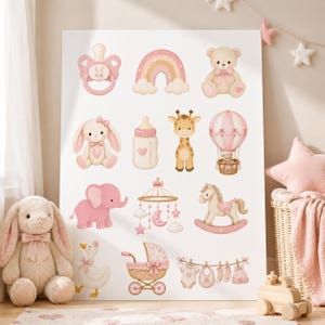May include: A white poster featuring a collection of watercolor illustrations in shades of pink and beige, including a pacifier, rainbow, teddy bear, bunny, baby bottle, giraffe, hot air balloon, elephant, mobile, rocking horse, duck, and carriage.