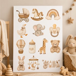 May include: A white poster featuring a collection of watercolor illustrations including a baby carriage, rocking horse, rainbow, duck, elephant, pacifier, hot air balloon, baby bottle, giraffe, teddy bear, rabbit, mobile, and baby clothes.