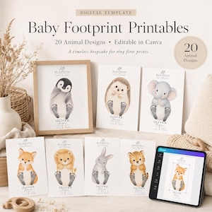 Peut inclure: Ensemble de tirages de pieds de bébé avec des motifs d'animaux à l'aquarelle. L'image comprend une impression encadrée d'un pingouin, ainsi que des impressions d'un hérisson, d'un éléphant, d'un renard, d'un lion, d'un lapin et d'un tigre. Le texte indique "Baby Footprint Printables".