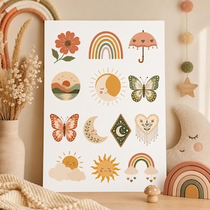 May include: A white rectangular print featuring twelve distinct illustrations including a flower, rainbows, an umbrella, a landscape, a sun, butterflies, moons, a diamond shape with a crescent, and a heart with hanging tassels in muted earth tones.