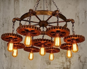 Industrial Steampunk Gear Chandelier, 9-Light Iron Pendant Lamp, Rustic Loft Decor