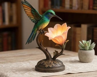 Hummingbird & Flower Table Lamp - Artistic Resin Desk Light for Bedroom, Home Office