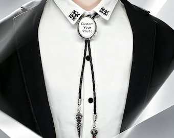 Antique Silver Custom Photo Bolo Tie, Personalized Oval Picture Western Bolo Necklace