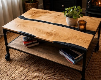 Handcrafted coffee table in solid wood and black resin – Industrial style – Natural wood river top – Made in France – 110x54 cm