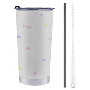 May include: A white insulated tumbler with a black lid, adorned with pastel-colored floral and bow designs. Includes a stainless steel straw and a cleaning brush. The tumbler is designed to hold approximately 20 ounces.