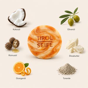 Può includere: Una saponetta rotonda con venature arancioni e bianche, con l'etichetta "TIROL SEIFE". L'immagine presenta anche ingredienti: cocco, olive, burro di karité, olio di ricino, olio d'arancia e polvere di argilla. Sapone per la cura della pelle.