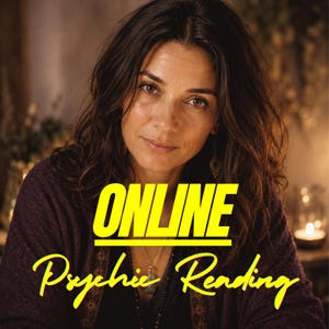 May include: A person with dark wavy hair wearing a dark purple patterned cardigan and a necklace. The image features the bright yellow text ONLINE in a bold sans-serif font above the yellow cursive script text Psychic Reading.
