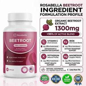 Op de afbeelding: Een witte fles Rosabella Beetroot voedingssupplement met een roze etiket. Het etiket bevat de tekst "BEETROOT", "1300mg per portie" en "60 capsules". Het supplement ondersteunt atletische prestaties en een gezonde bloedsomloop.