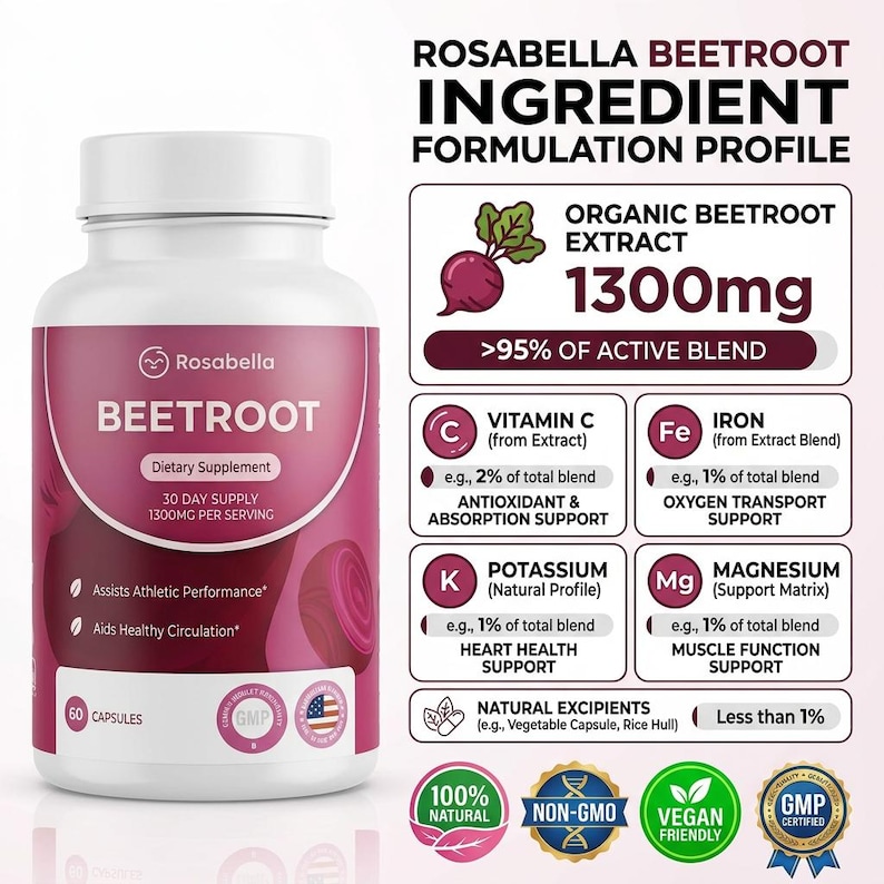 Op de afbeelding: Een witte fles Rosabella Beetroot voedingssupplement met een roze etiket. Het etiket bevat de tekst "BEETROOT", "1300mg per portie" en "60 capsules". Het supplement ondersteunt atletische prestaties en een gezonde bloedsomloop.