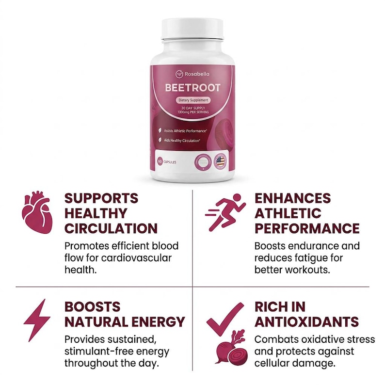 Op de afbeelding: Een witte fles Rosabella Beetroot voedingssupplement met een paars etiket. Het etiket bevat de tekst "BEETROOT" en "30 DAGEN SUPPLY 1500MG PER PORTIE". De afbeelding bevat ook pictogrammen en tekst die de voordelen van het supplement beschrijven.
