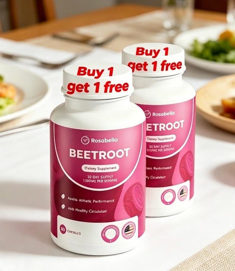 Op de afbeelding: Twee witte supplementflessen met roze etiketten. Op de etiketten staat "BEETROOT" en "Voedingssupplement". De flessendoppen hebben de tekst "Buy 1 get 1 free" in het rood. De flessen staan op een wit oppervlak met een vage achtergrond.