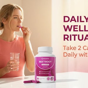 Op de afbeelding: Een vrouw in een koraalkleurig shirt neemt een capsule en houdt een glas water vast. Een witte fles met bieten capsules staat op tafel. Tekst luidt "DAILY WELLNESS RITUAL" en "Neem 2 capsules per dag met water."