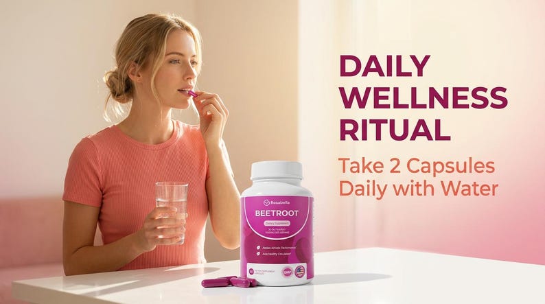Op de afbeelding: Een vrouw in een koraalkleurig shirt neemt een capsule en houdt een glas water vast. Een witte fles met bieten capsules staat op tafel. Tekst luidt "DAILY WELLNESS RITUAL" en "Neem 2 capsules per dag met water."