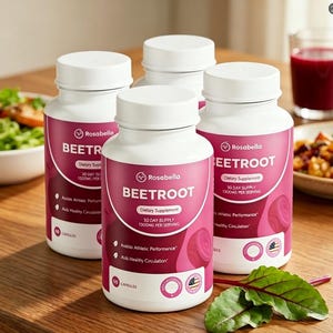 Op de afbeelding: Vier witte flessen Rosabella Bietensupplement worden getoond. Elke fles heeft een witte deksel en een etiket met de tekst "BEETROOT" in grote letters, samen met andere tekst. De flessen staan op een houten oppervlak.
