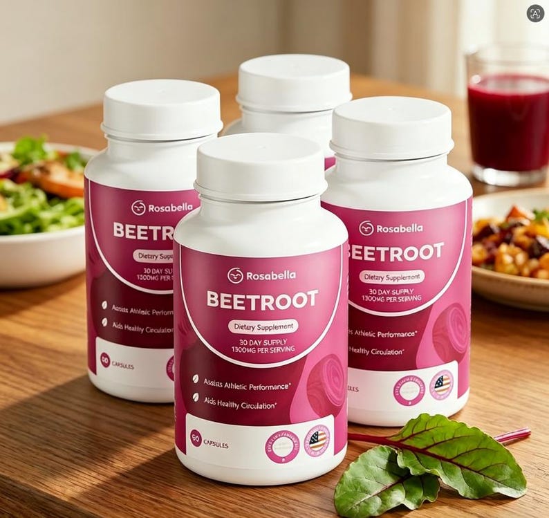 Op de afbeelding: Vier witte flessen Rosabella Bietensupplement worden getoond. Elke fles heeft een witte deksel en een etiket met de tekst "BEETROOT" in grote letters, samen met andere tekst. De flessen staan op een houten oppervlak.