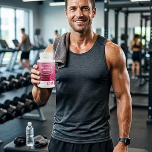 Op de afbeelding: Een man in een sportschool houdt een flesje bieten supplement vast. Hij draagt een grijze tanktop en een zwarte korte broek, met een handdoek om zijn nek. De fles heeft een roze label met het woord "BEETROOT".