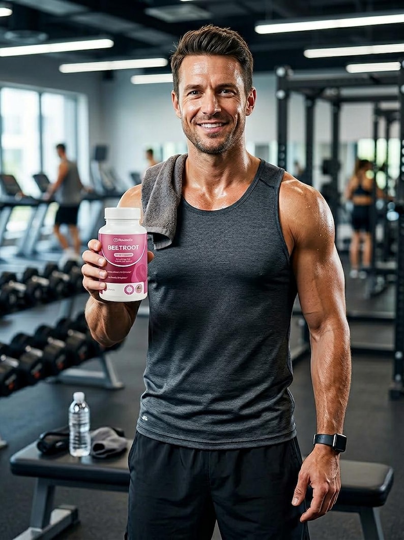 Op de afbeelding: Een man in een sportschool houdt een flesje bieten supplement vast. Hij draagt een grijze tanktop en een zwarte korte broek, met een handdoek om zijn nek. De fles heeft een roze label met het woord "BEETROOT".