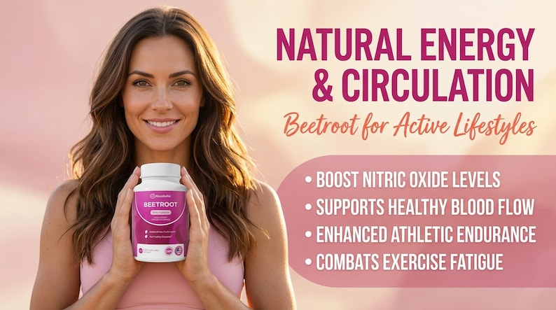 Op de afbeelding: Een vrouw houdt een witte fles met bieten supplementen vast. De fles heeft een roze label met de tekst "BEETROOT" en "NATURAL ENERGY & CIRCULATION". De afbeelding bevat ook de tekst "Boost Nitric Oxide Levels" en "Supports Healthy Blood Flow".