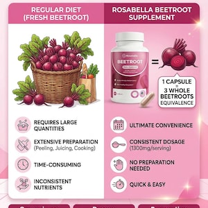 Op de afbeelding: Infographic die verse rode biet vergelijkt met Rosabella rode biet supplement. De linkerkant toont een mand met bieten, terwijl de rechterkant een supplementfles en capsules toont. Tekst benadrukt verschillen in bereiding, gemak en dosering.