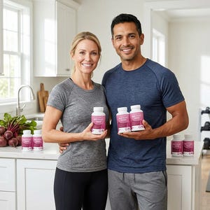 Op de afbeelding: Een man en een vrouw lachen, elk met witte supplementflessen met roze en paarse etiketten. Ze staan in een keuken met verse producten en een blender. De flessen hebben de tekst "Instinct" erop.