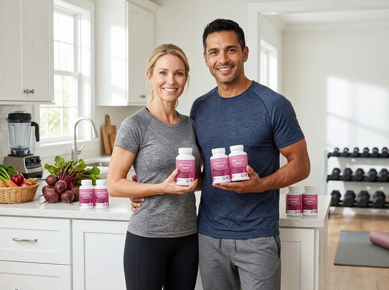 Op de afbeelding: Een man en een vrouw lachen, elk met witte supplementflessen met roze en paarse etiketten. Ze staan in een keuken met verse producten en een blender. De flessen hebben de tekst "Instinct" erop.