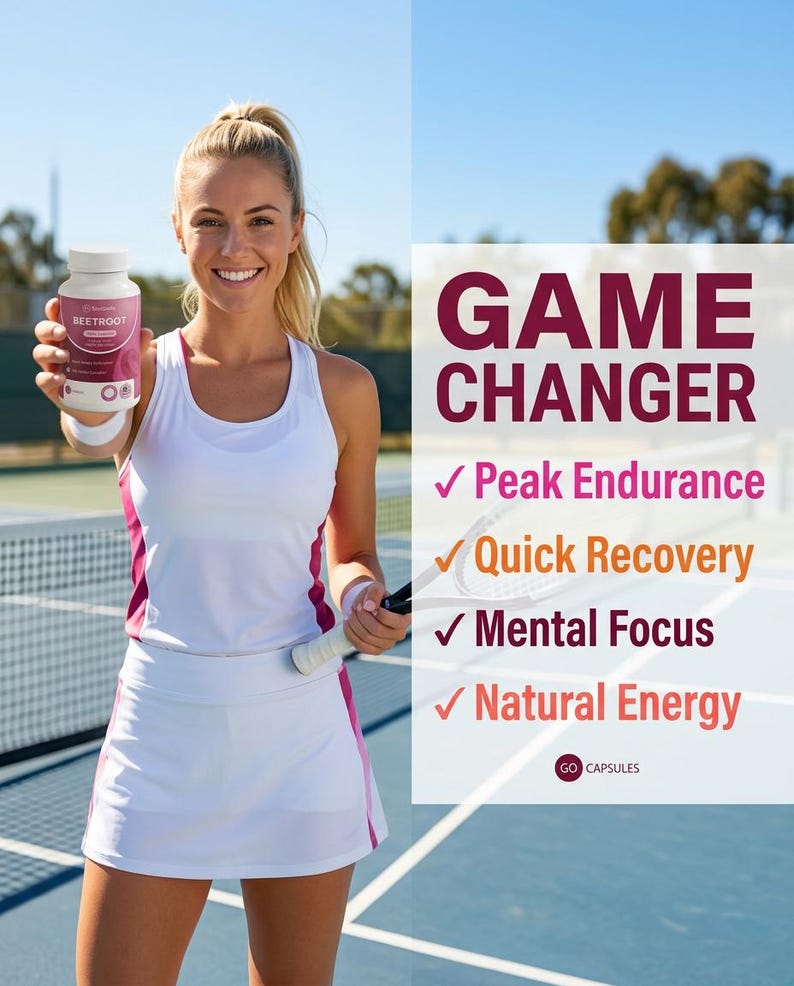 Op de afbeelding: Een vrouw in een witte tennisoutfit houdt een flesje Bietencapsules vast. De afbeelding bevat de tekst "GAME CHANGER" met voordelen: Peak Endurance, Quick Recovery, Mental Focus en Natural Energy. De achtergrond is een tennisbaan.