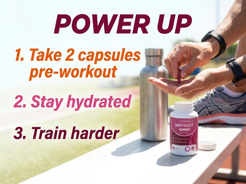 Op de afbeelding: Afbeelding met de tekst "POWER UP" en instructies: "1. Neem 2 capsules voor de training", "2. Blijf gehydrateerd" en "3. Train harder". Een persoon houdt een capsule vast. Een flesje bieten capsules en een roestvrijstalen waterfles zijn ook zichtbaar.