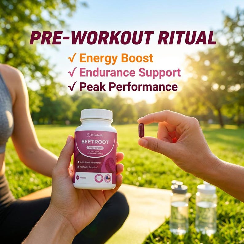 Op de afbeelding: Een witte fles met bietenvoedingssupplement wordt in &eacute;&eacute;n hand gehouden, met een enkele capsule in de andere. De fles heeft een roze etiket met het woord "BEETROOT" en de tekst "PRE-WORKOUT RITUAL" bovenaan.