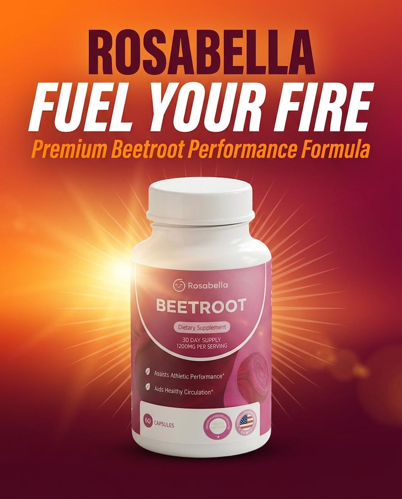Op de afbeelding: Een witte fles Rosabella Beetroot supplement met een roze etiket, met 60 capsules. Het etiket bevat de tekst "FUEL YOUR FIRE" en "Premium Beetroot Performance Formula". De achtergrond is een oranje en rode gradi&euml;nt.