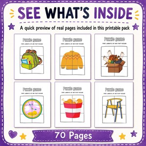 Pu&ograve; includere: Anteprima di un pacchetto stampabile con il testo "SEE WHAT'S INSIDE". L'anteprima mostra sei pagine di gioco di puzzle con illustrazioni di uno zaino, un maglione, una scatola di oggetti, un orologio, un secchio di cibo e una sedia. Il testo "70 Pages" &egrave; visibile.
