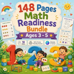 May include: A colorful illustration promoting a math readiness bundle for ages 3-5. The image features children with numbers 1, 2, and 3, along with educational elements like counting exercises and number tracing. The text reads "148 Pages Math Readiness Bundle."