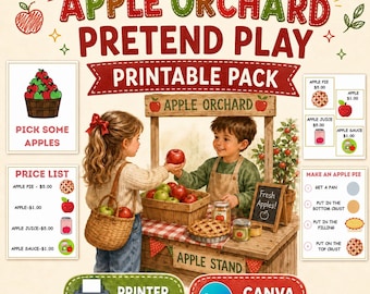 Può includere: Un'illustrazione colorata di un pacchetto stampabile per giochi di finzione sul tema del frutteto di mele. L'immagine presenta un bambino a una bancarella di mele, un listino prezzi e le istruzioni per fare una torta di mele. Il testo include "Apple Orchard Pretend Play Printable Pack."