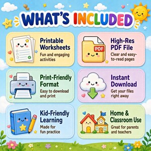 Pu&ograve; includere: Grafica colorata con il testo "COSA &Egrave; INCLUSO" e illustrazioni di fogli di lavoro, un file PDF, una stampante, una nuvola con una freccia di download, un libro con una matita e una casa con una scuola. L'immagine promuove risorse educative stampabili.